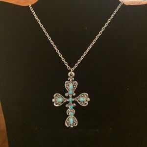 VintageSouthwestern Turquoiselook Cross NecklaceBoho SilverTone Filigree24”Chain